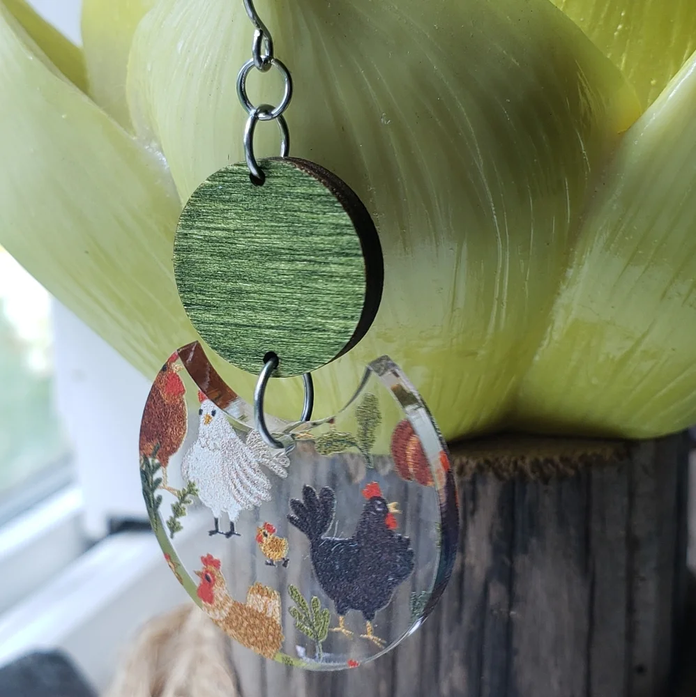 🐔 Chicken friends two-piece circular drop earrings 💚 - Picture 5 of 8